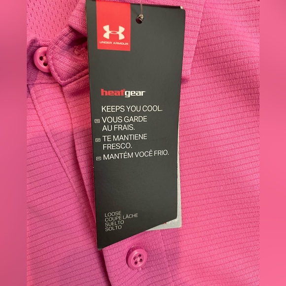 Men’s Under Armour Heat Gear Pink Short Sleeve Polo Shirt. Large. Loose Fit. NWT - Picture 6 of 7